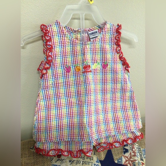 Vintage Oshkosh Baby Seersucker Cotton 2PC  Set Size 3-6 Mos. Embroidered Fruit - Picture 3 of 13